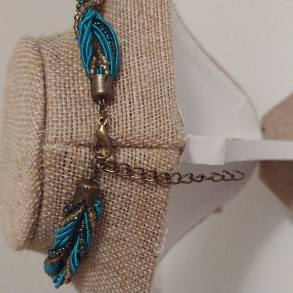 Blue Bohemian metallic water pendant w/blue gems & sead bead rope necklace - Picture 3 of 7